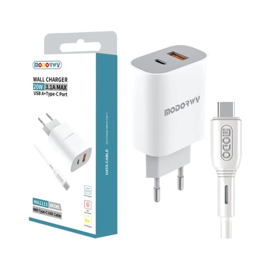 Carregador de Parede PD Modorwy MA1115 USB+Tipo-C com Tipo-C Cabo 5V 3,1A Branco Carregador de Parede PD Modorwy MA1115 USB+Tipo-C com Tipo-C Cabo 5V 3,1A Branco